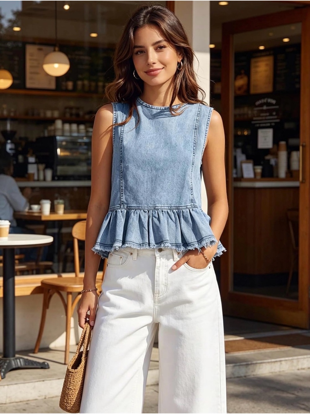 Women’s Light Blue Denim Ruffle-Hem Sleeveless Top - Picture 4 of 6